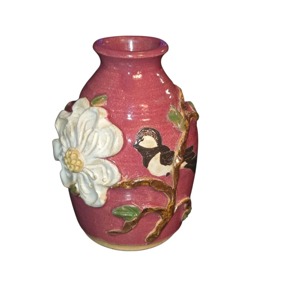 Judy Jones Pottery VTG Dogwood & Chickadee Bud Vase Signed Small‎ Pink 2002 EUC!